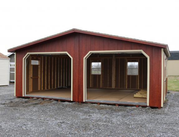 Pine Creek 24x20 Double Car Garage with Redwood Polyurethane walls, Cream trim, Cream shutters, and Charcoal shingles