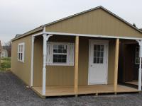 14x32 Peak White Deer Cabin with Buckskin walls, White trim, and shutters, and Barkwood shingles