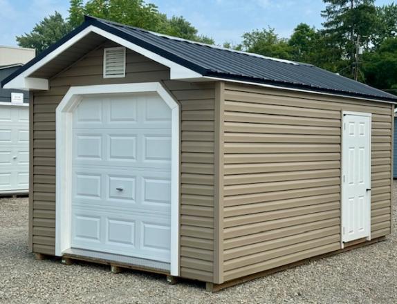 10 x 16 Front Entry Vinyl Peak Shed w/ Garage Door in stock